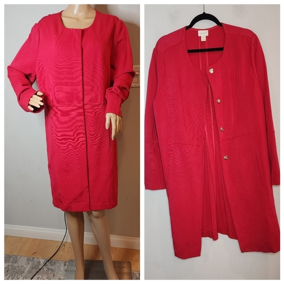 Chico's Stretch Knit Red Jacket. Size 3 (XL). Pockets. Hidden Snap buttons. - Picture 1 of 16